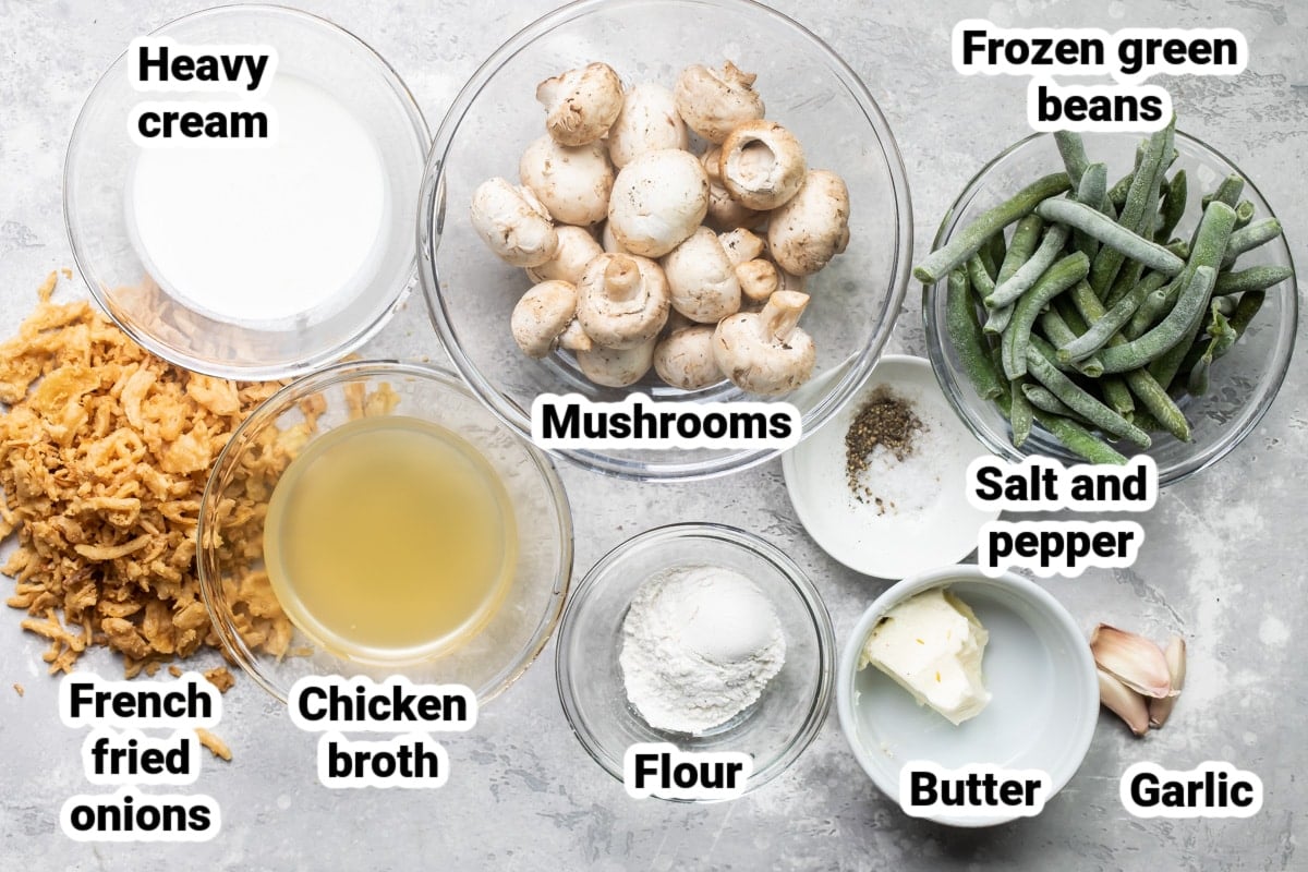 Labeled ingredients for slow cooker green bean casserole.