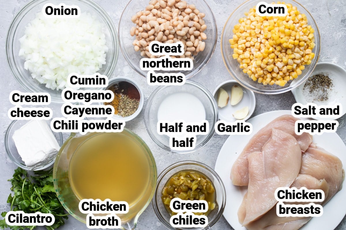 Labeled ingredients for white chicken chili.
