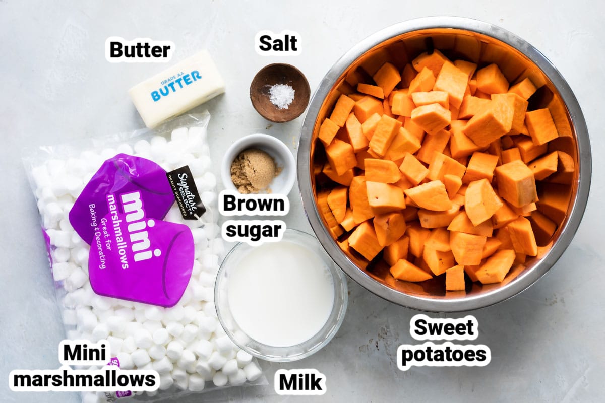 Labeled ingredients for sweet potato casserole.