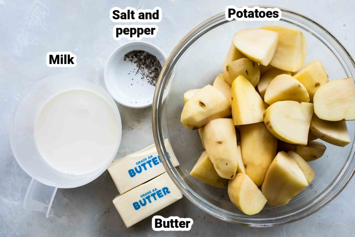 Labeled ingredients for the best mashed potatoes.
