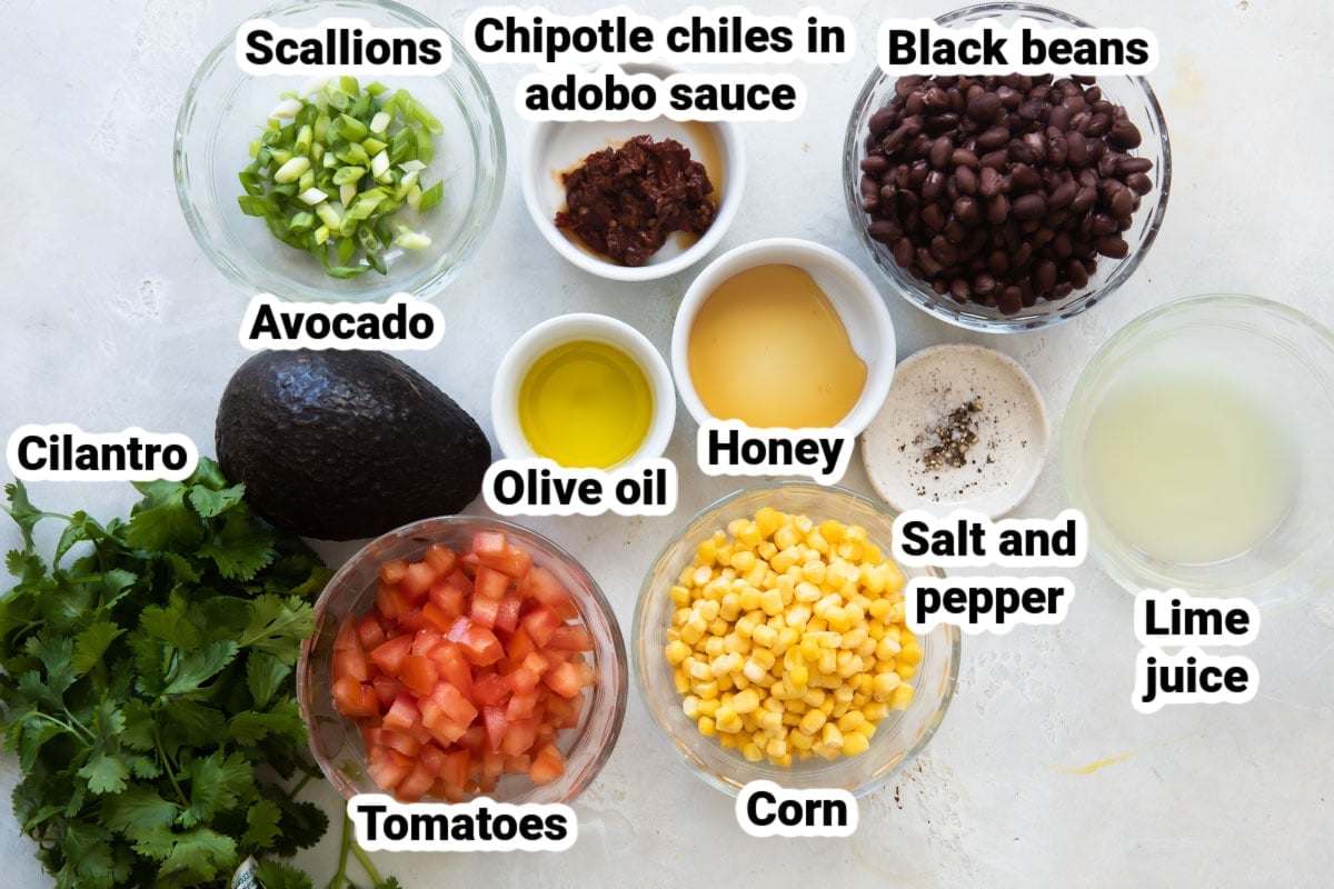 Labeled ingredients for black bean salad.