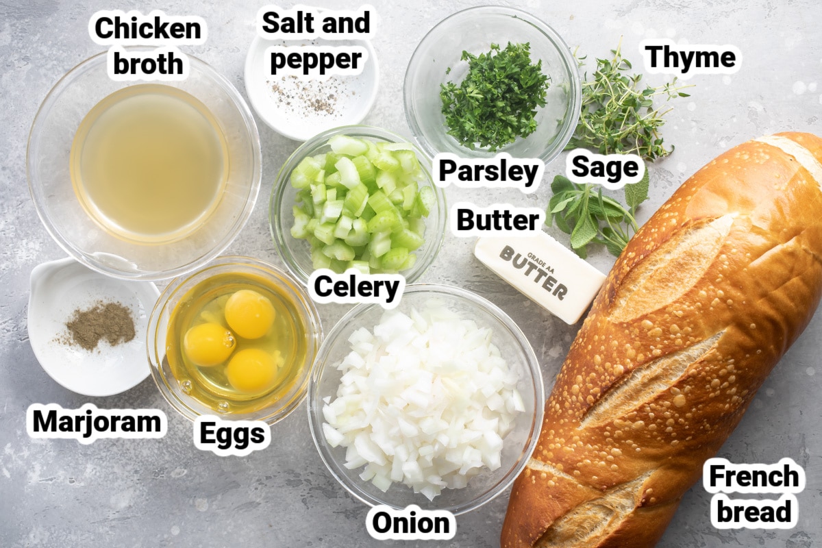 Labeled ingredients for bread stuffing for two.