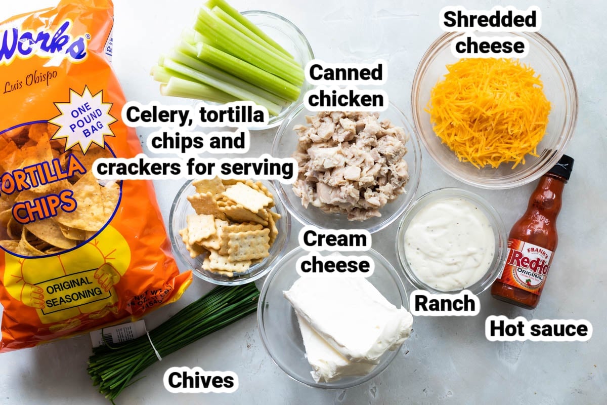Labeled ingredients for buffalo chicken dip.