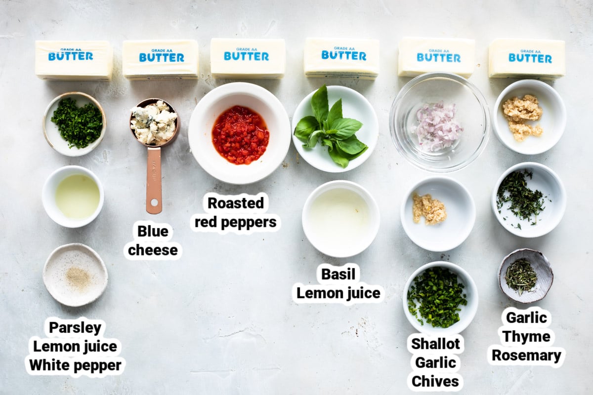 Labeled ingredients for compound butter six ways.