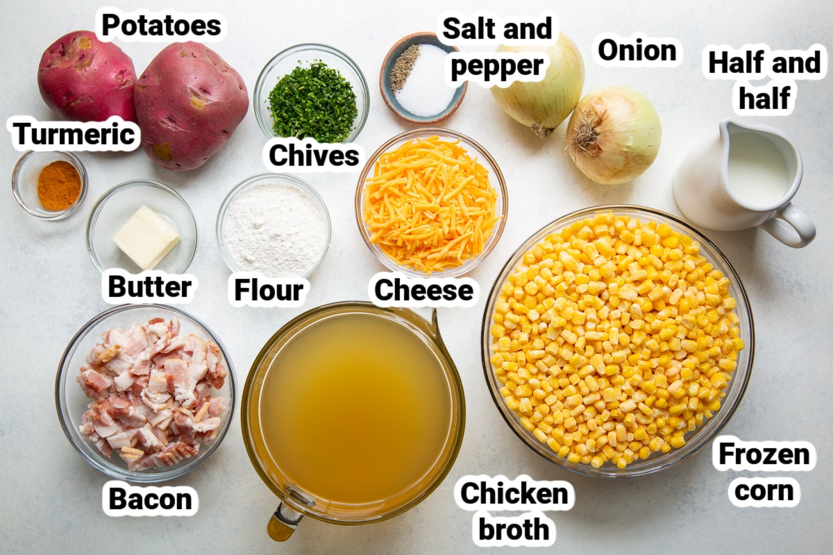 Labeled ingredients for corn chowder.