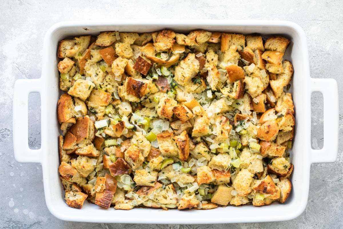 A pan of bread stuffing.