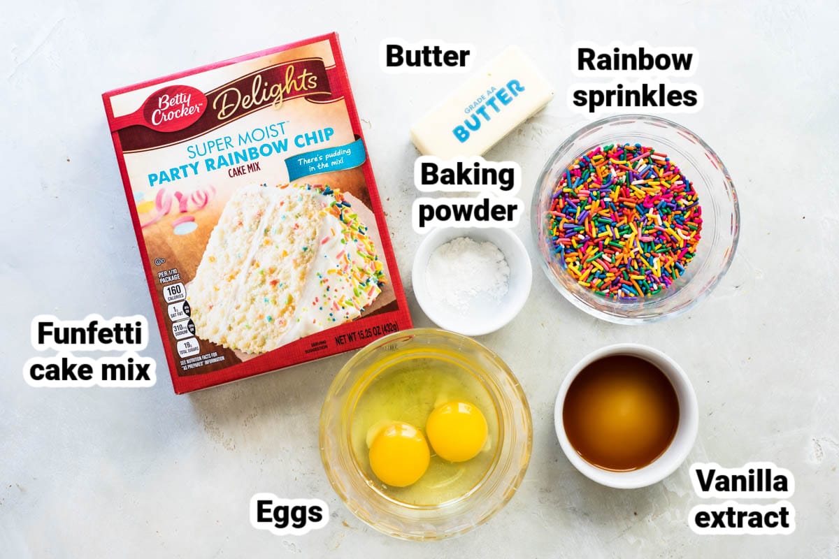 Labeled ingredients for funfetti cookies.