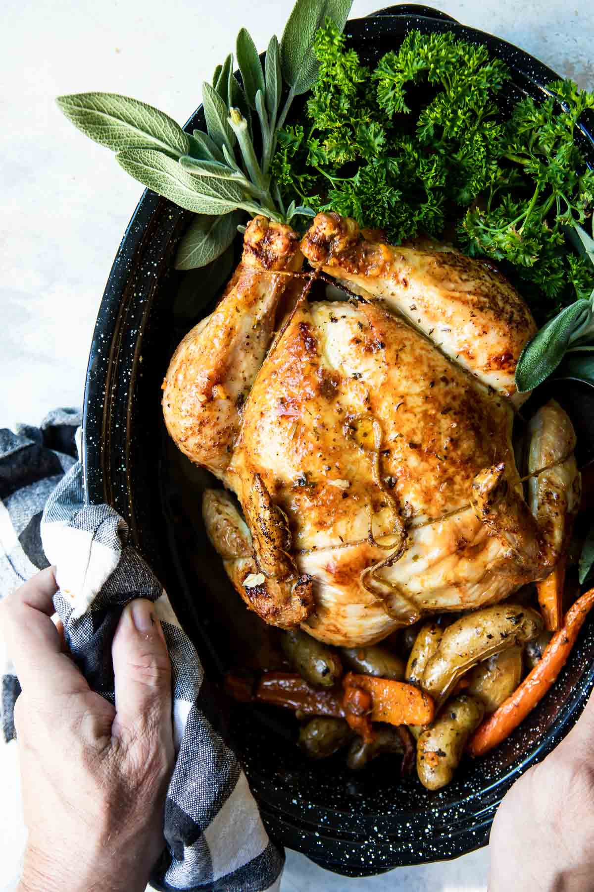 A whole garlic butter roasted chicken and vegetables in a roasting pan.
