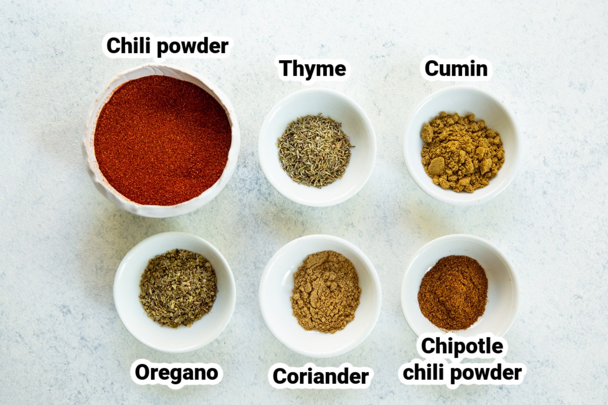 Labeled ingredients for chili seasoning.