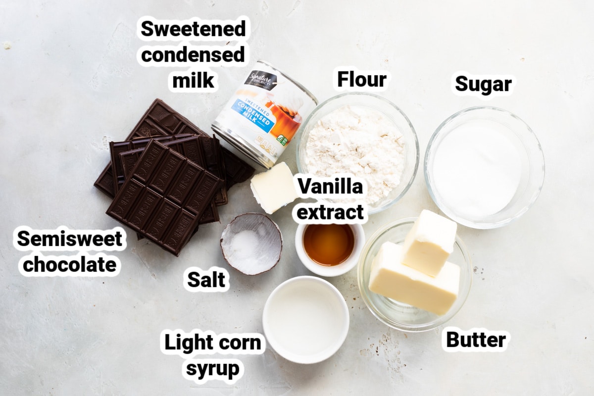Labeled ingredients for Millionaire's shortbread.