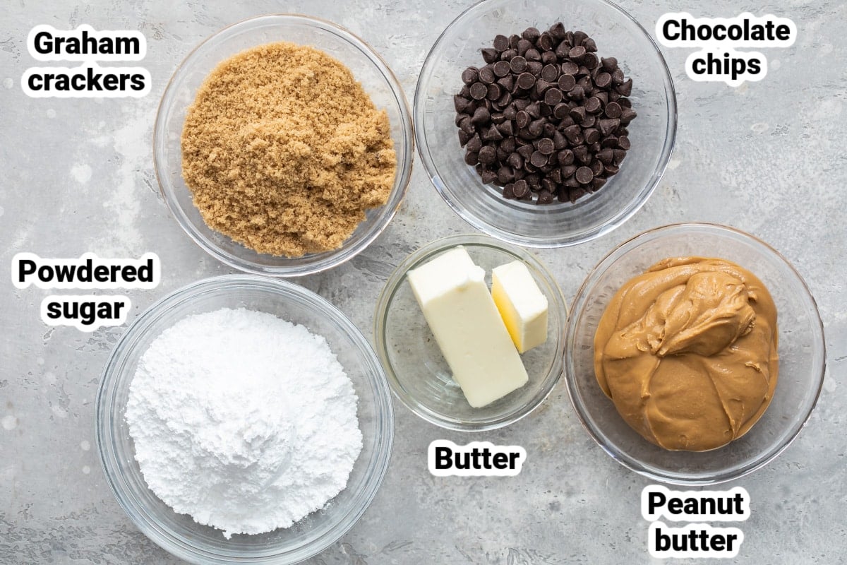 Labeled ingredients for no bake peanut butter bars.