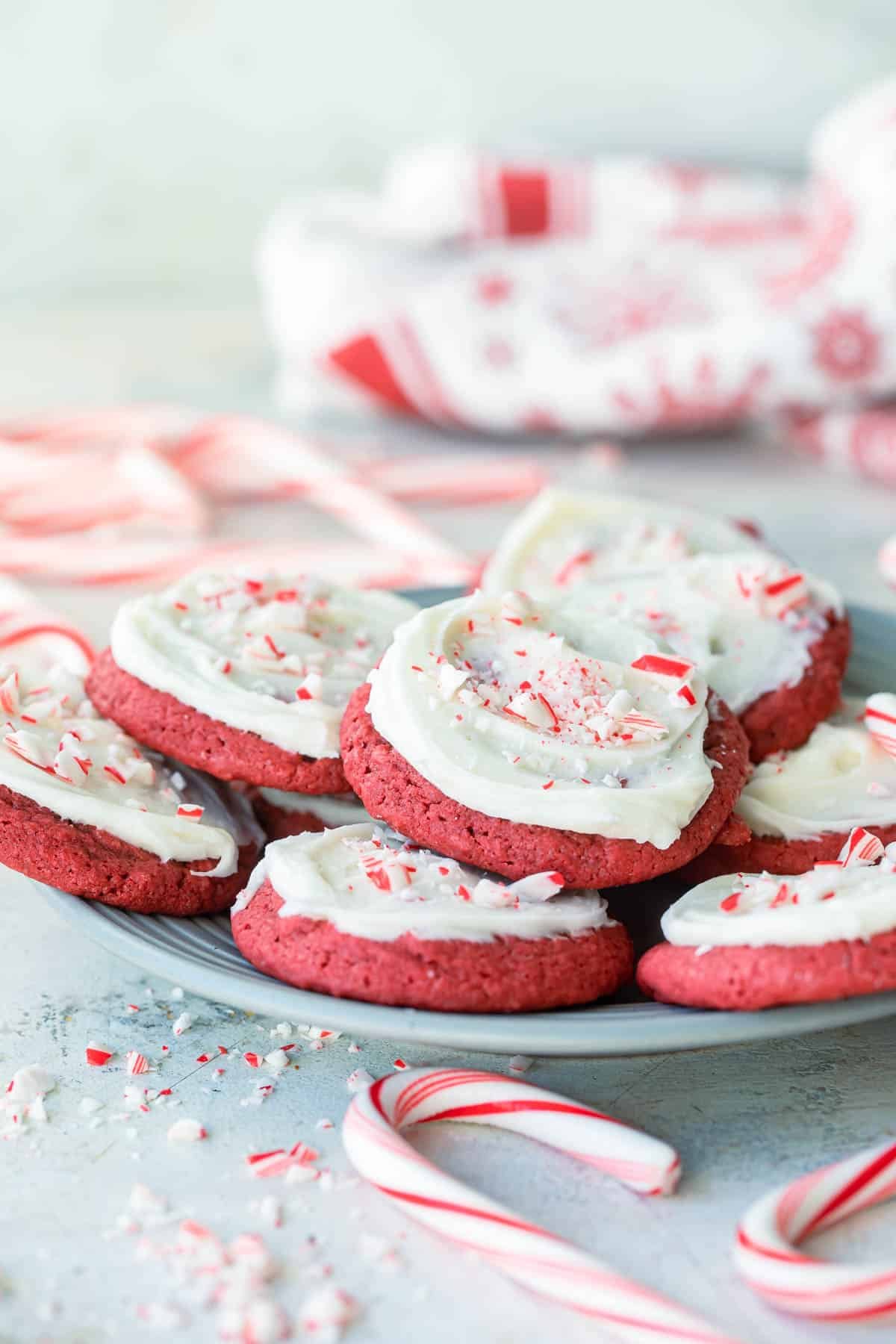 A plate with peppermint cookies on top.