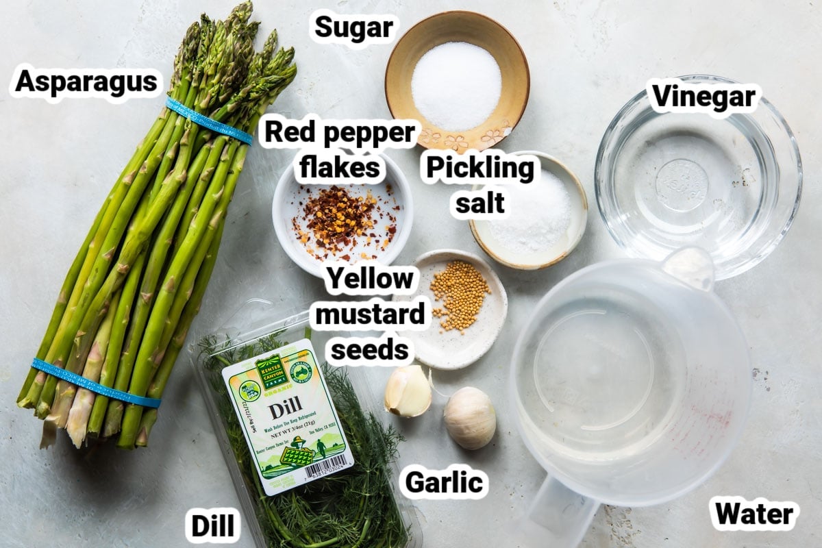 Labeled ingredients for pickled asparagus.