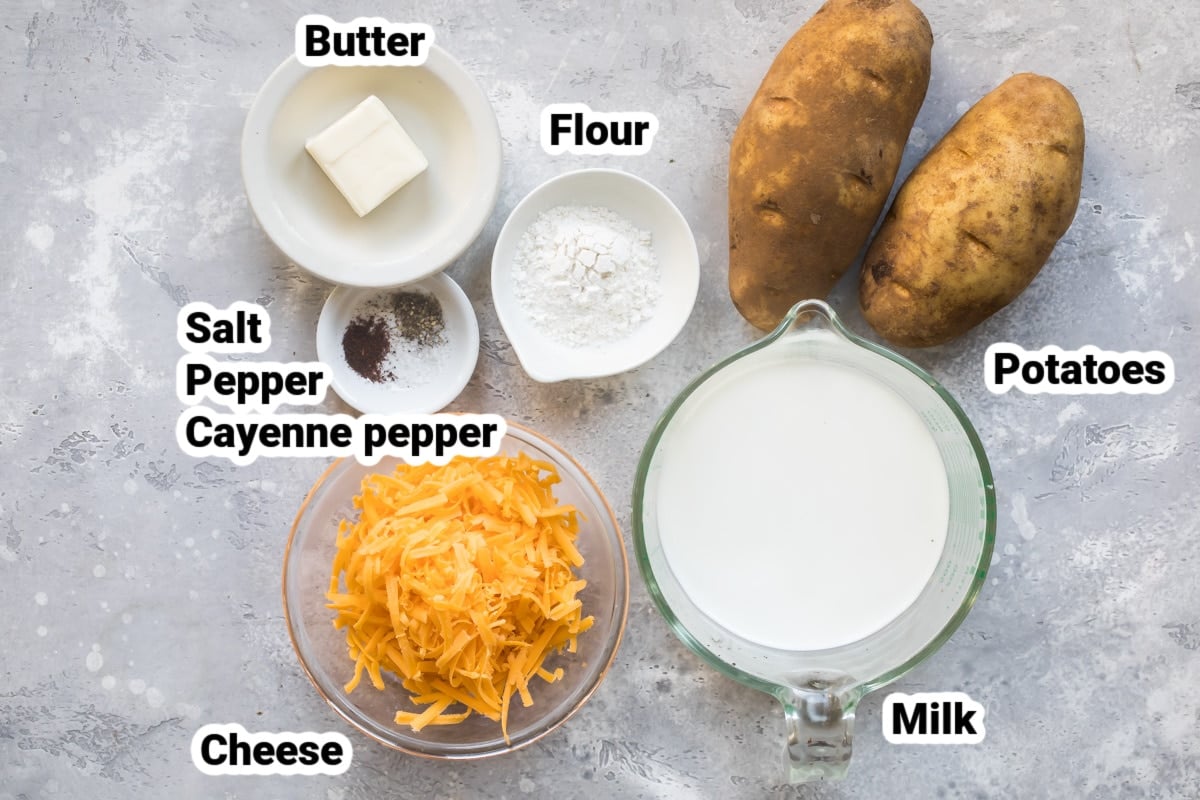 Labeled ingredients for scalloped potatoes.
