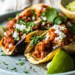 Tacos al Pastor on a blue plate.
