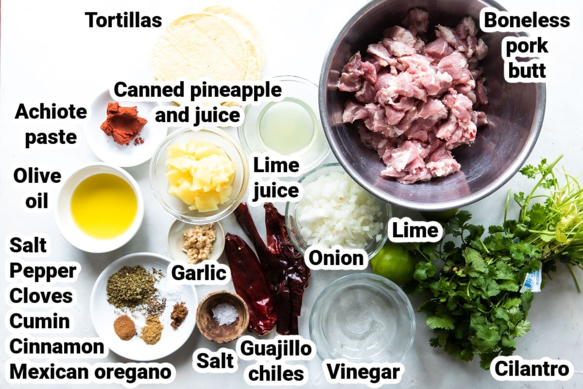 Labeled ingredients for Tacos al Pastor.