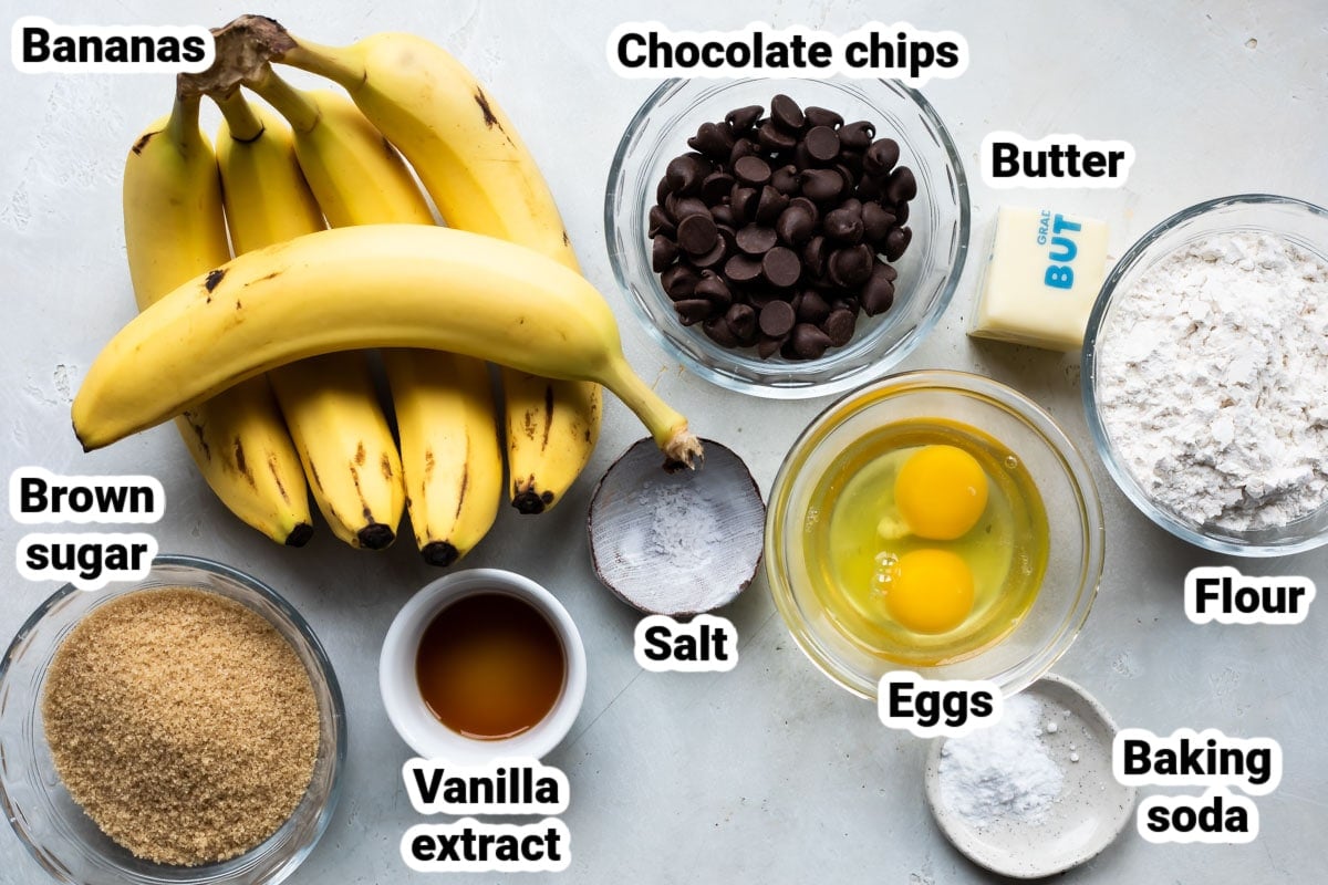 Labeled ingredients for chocolate chip banana bread.