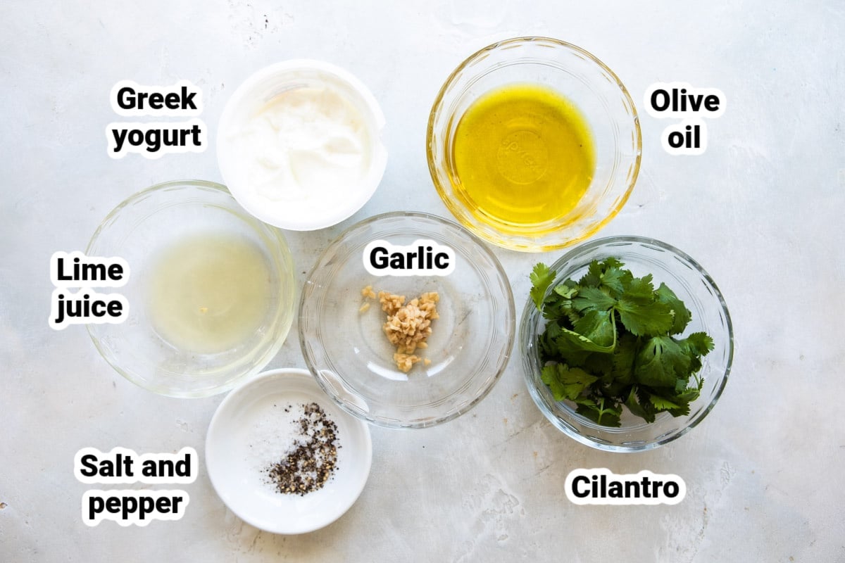 Labeled ingredients for creamy cilantro lime rice.