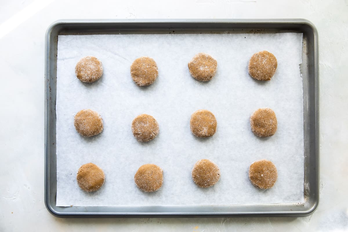 Double ginger cookie dough on a baking sheet.