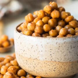 Roasted chickpeas in a small ceramic bowl.