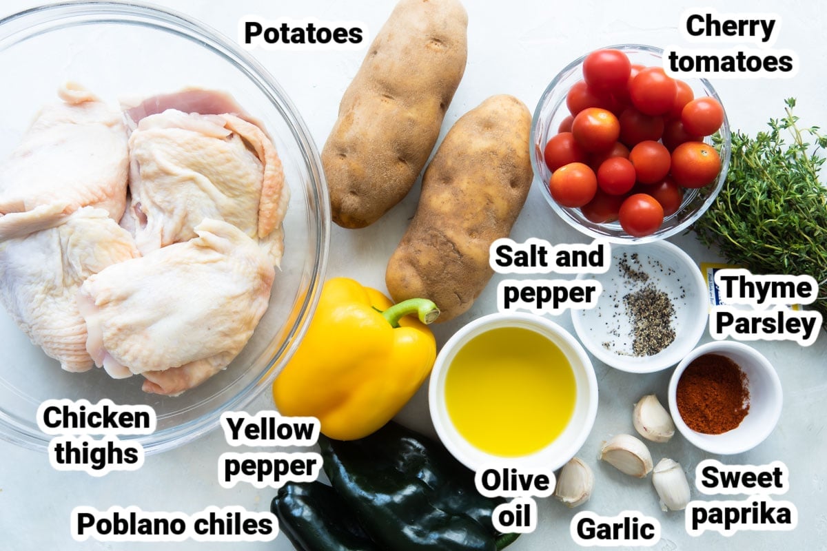 Labeled ingredients for sheet pan paprika chicken.