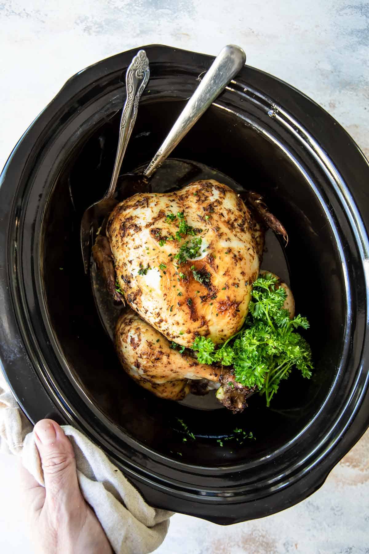 A rotisserie chicken in a black crock pot.