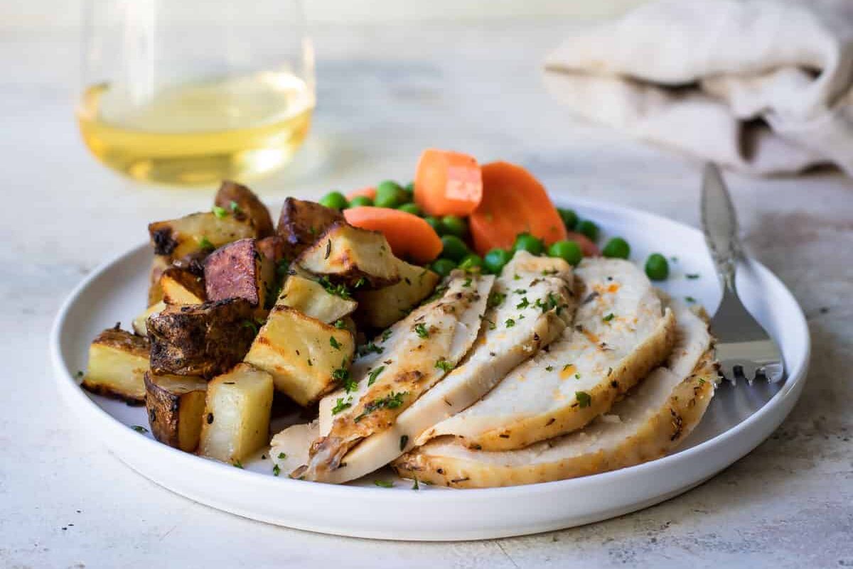 Rotisserie chicken slices on a white plate with potato cubes and vegetables.