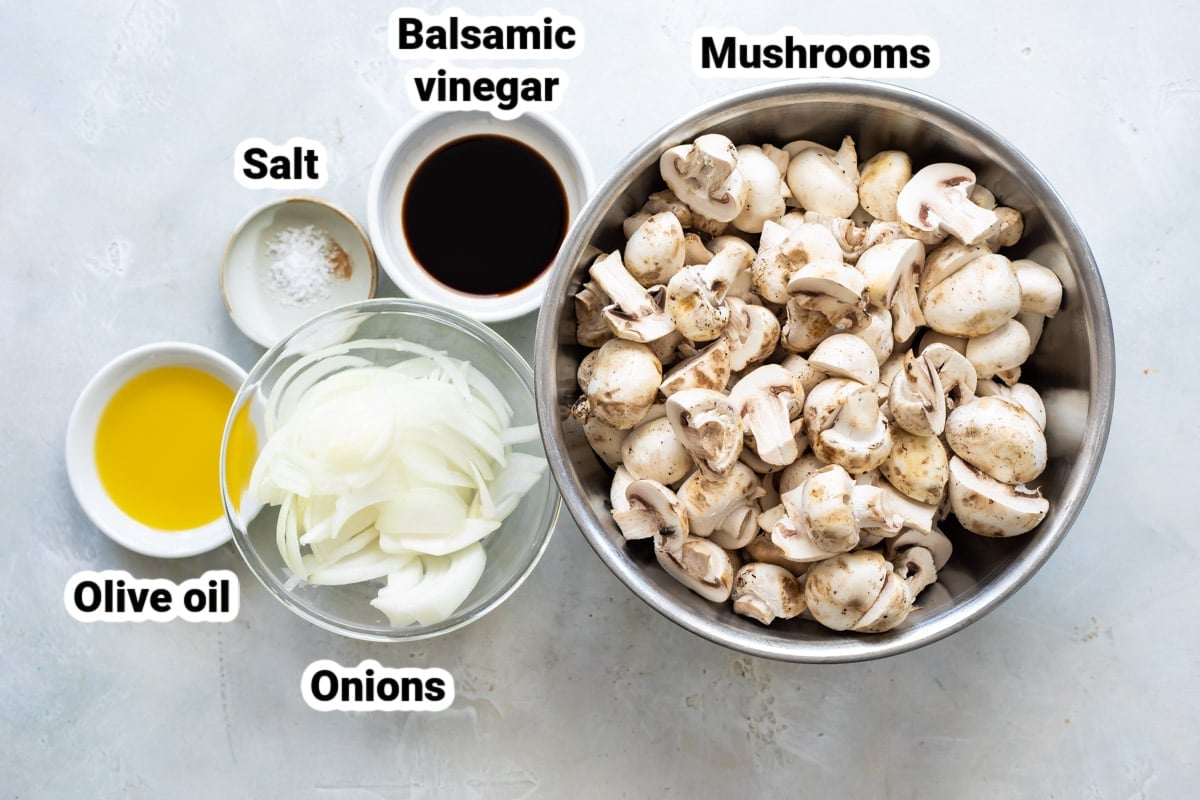 Labeled ingredients for balsamic mushrooms and onions.