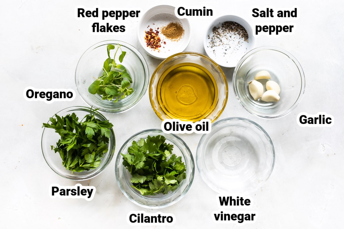 Labeled ingredients for chimichurri sauce.