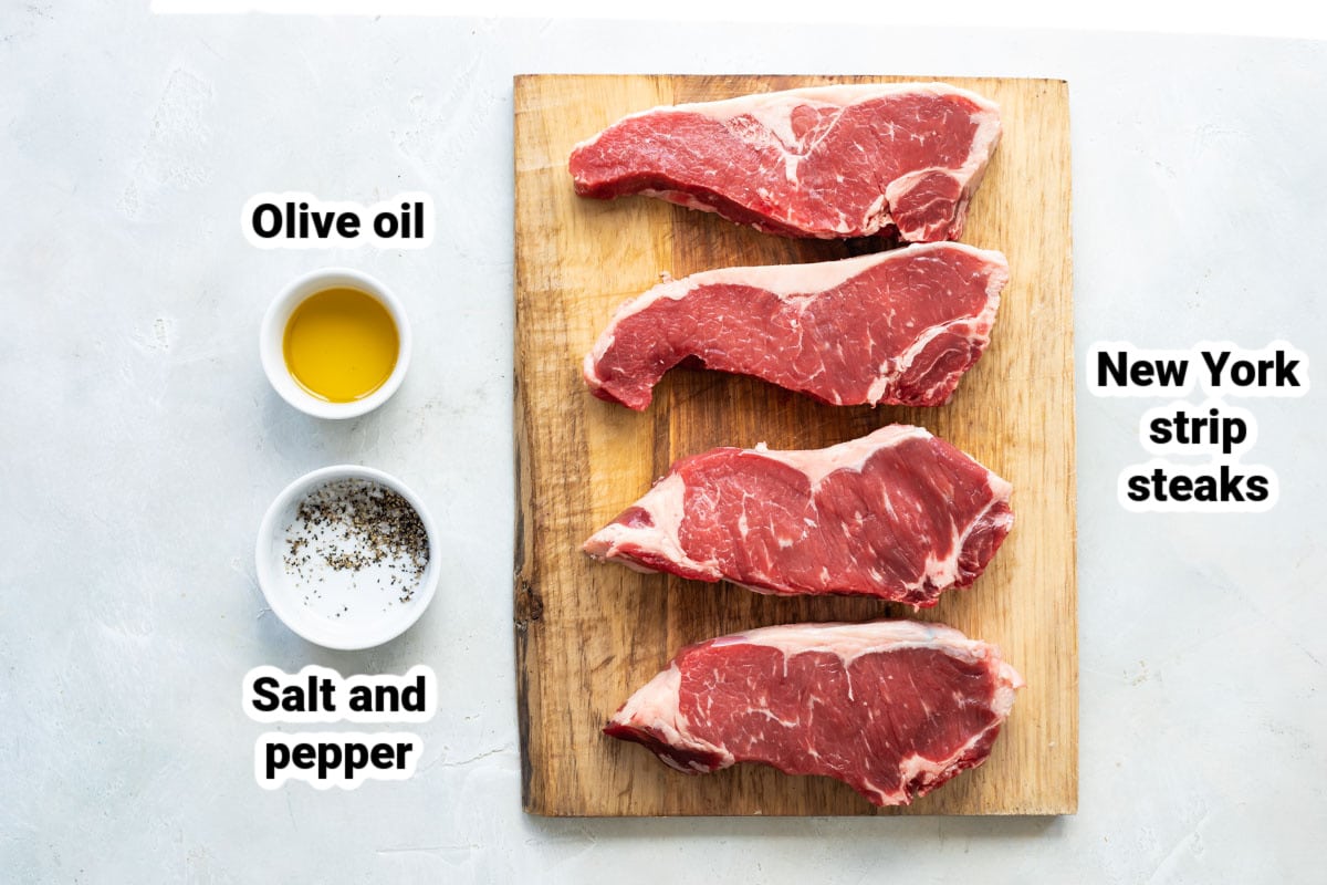 Labeled ingredients for grilled New York strip steak.