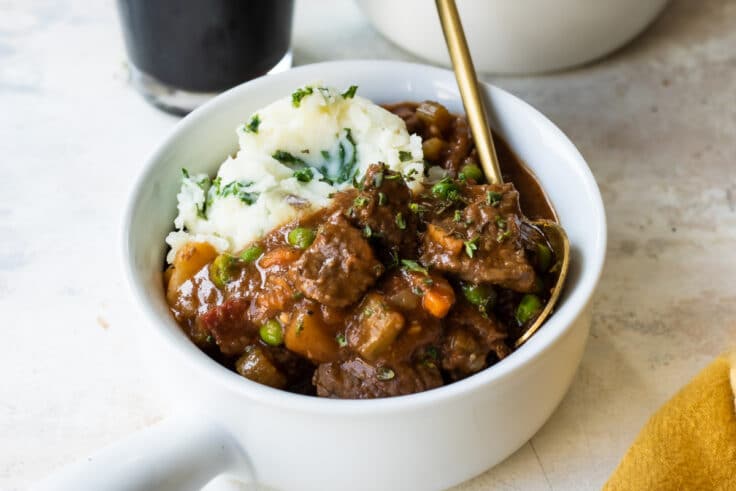 Guinness Stew in a small white bowl.