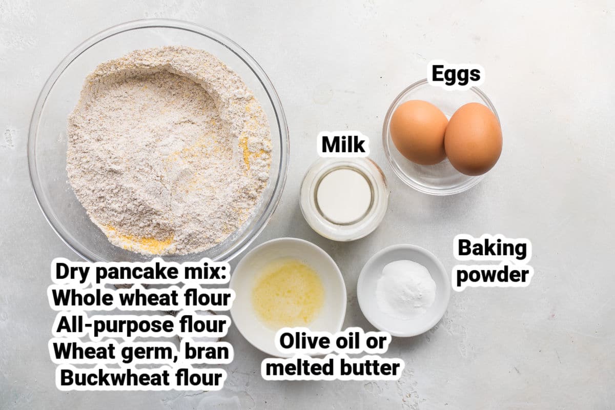 Ingredients for healthy pancakes labeled.