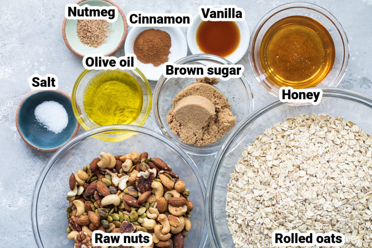 Labeled ingredients needed for making granola.
