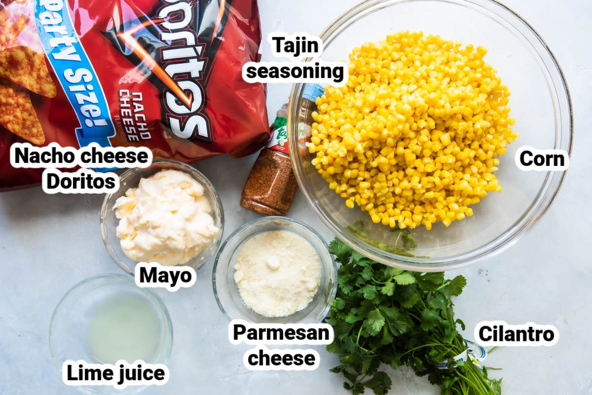 Labeled ingredients for Mexican corn salad.