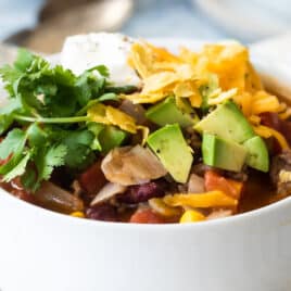 A bowl of Slow Cooker Taco Soup.