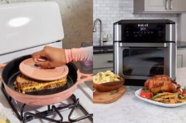 A collage of a peach skillet on a stove and an instant appliance.