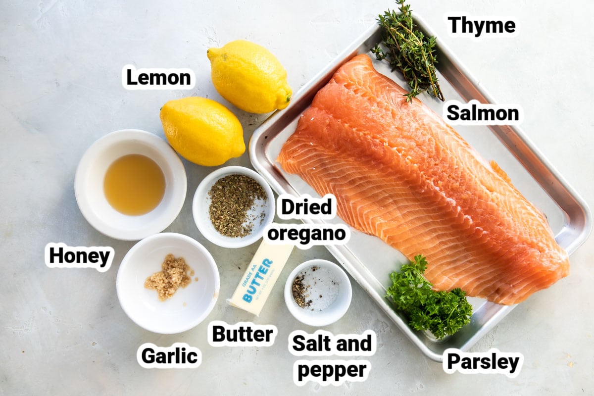 Labeled ingredients for baked salmon.