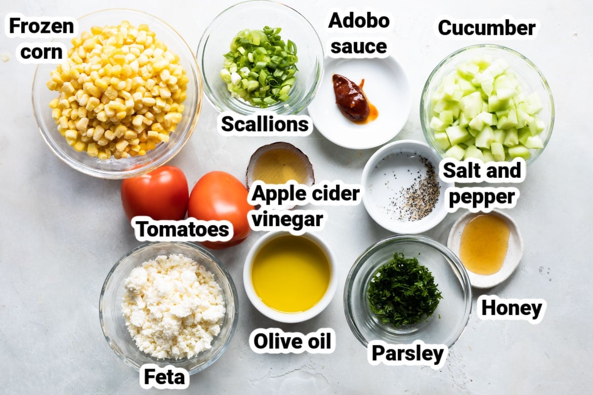 Labeled ingredients for corn salad.