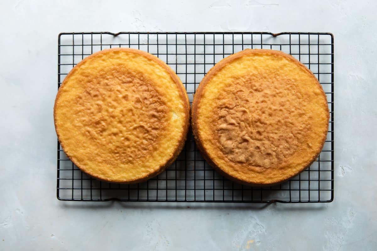 Two vanilla cakes cooling on a baking rack.