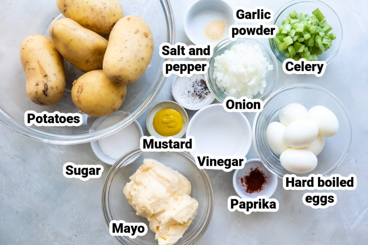 Labeled ingredients for easy potato salad.