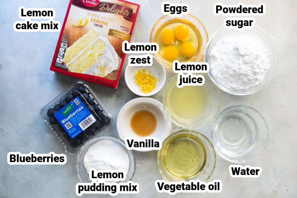 Labeled ingredients for lemon blueberry cake.