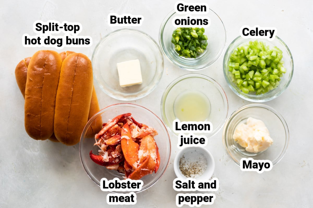 Labeled ingredients for a lobster roll.