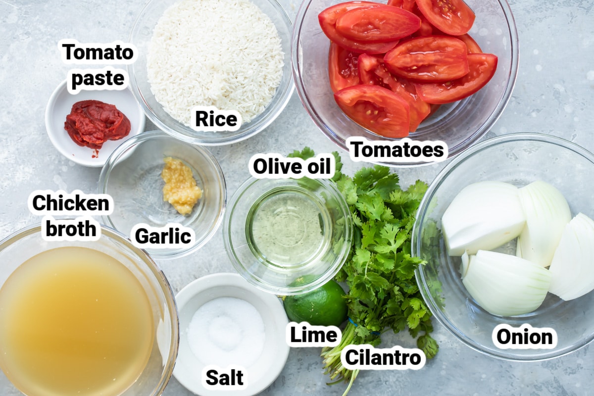 Labeled ingredients for Mexican rice.