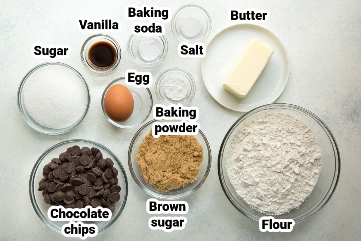 Labeled ingredients for soft baked chocolate chip cookies.