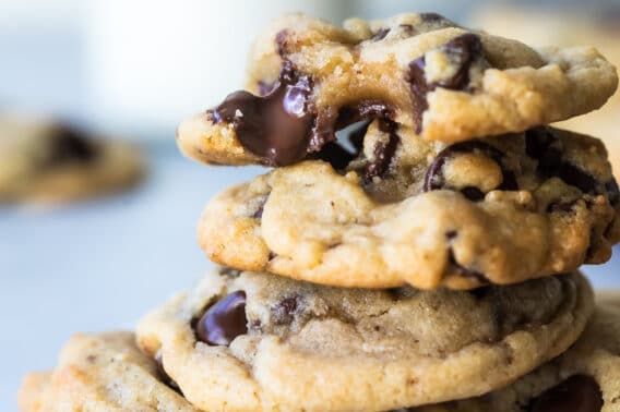 A stack of soft chocolate chip cookies.