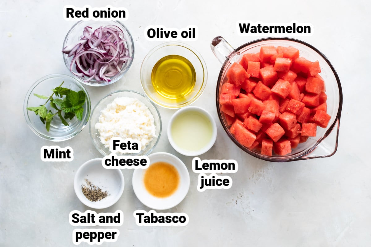 Labeled ingredients for watermelon salad.