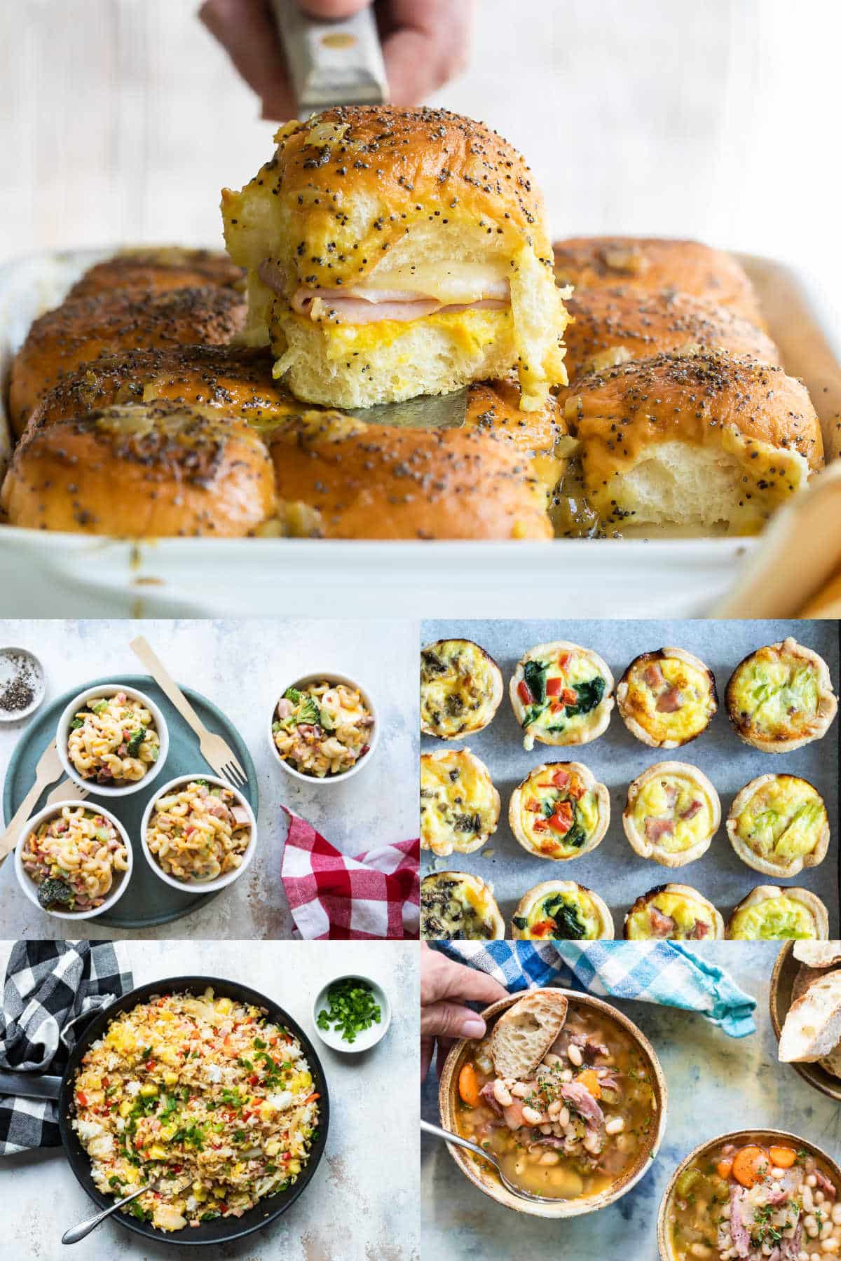 A collage of recipe photos that use leftover ham.