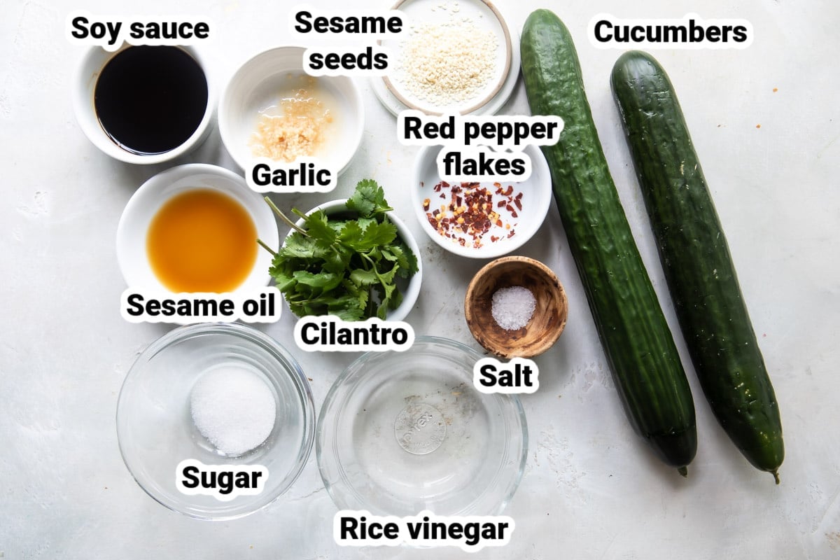 Labeled ingredients for Asian Cucumber Salad.