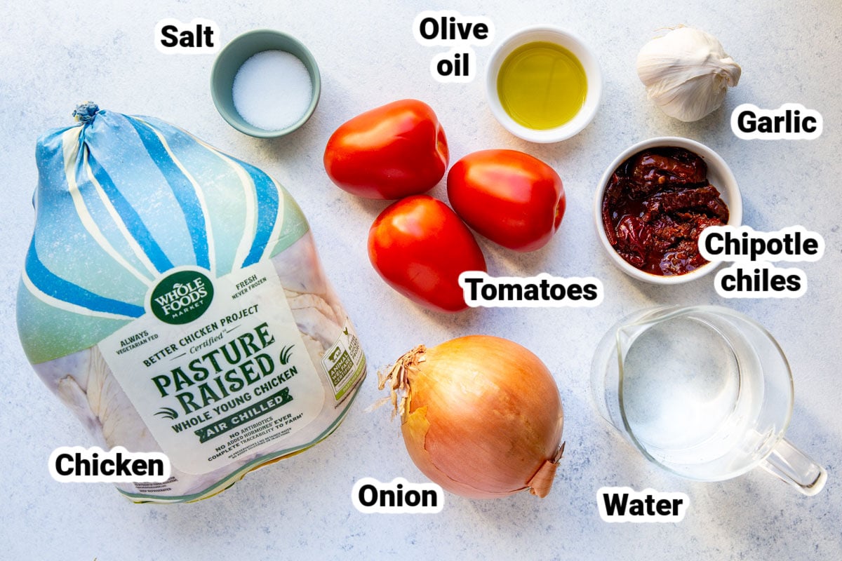 Labeled ingredients for chicken tinga.