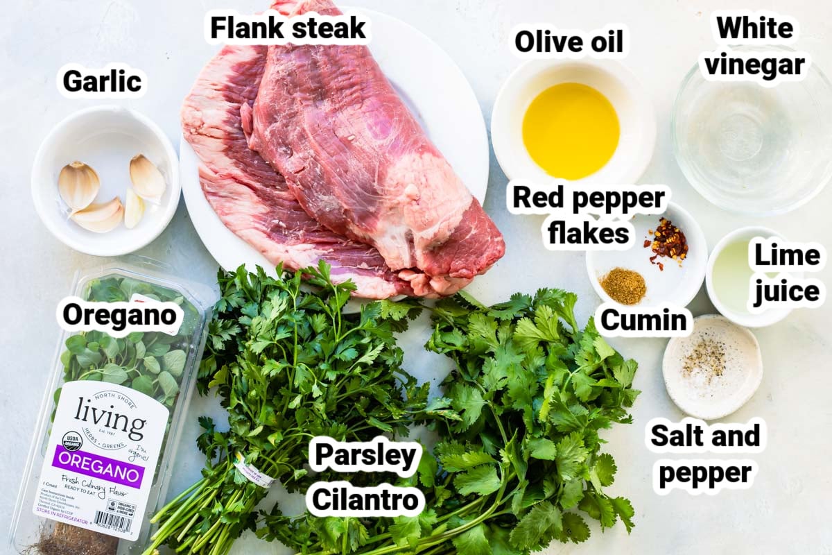 Labeled ingredients for chimichurri steak.
